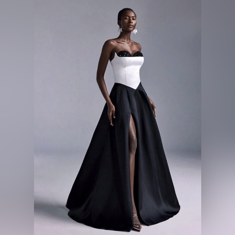 Elegant Black & White Strapless Corset Evening Gown Sequin Small